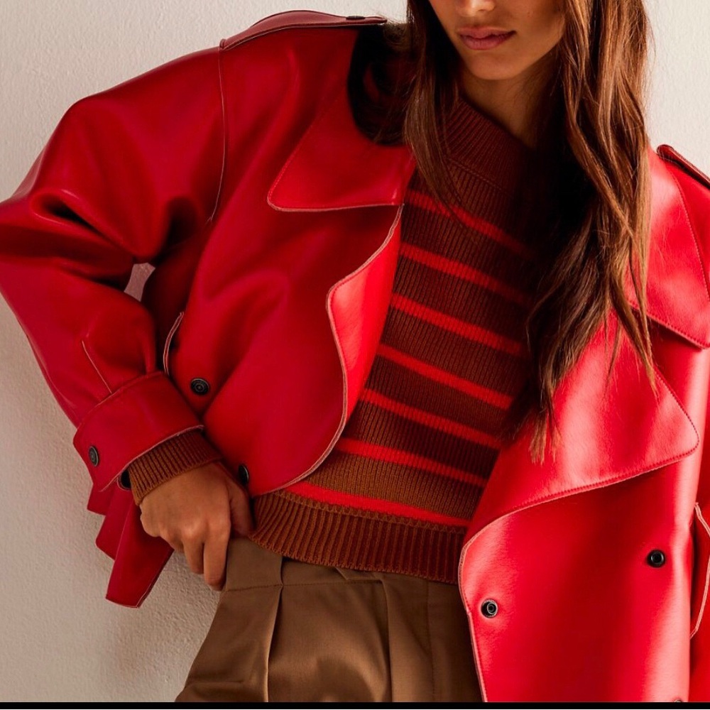 NEW belted  vegan leather Red Moto jacket